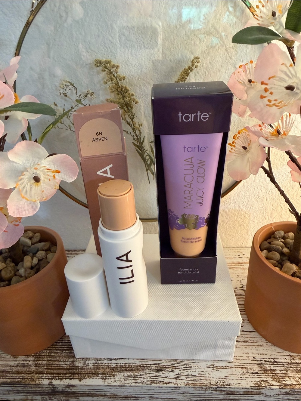 tarte Maracuja Juicy Glow Foundation in 12N & Ilia stick foundation in 6N